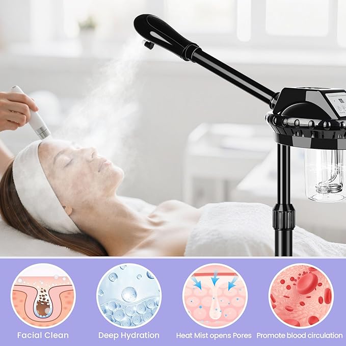 Professional Facial Steamer, Facial Steamer on Wheels, Face Steamer with Time Setting, Stand Face Steamer Adjustable Height for Spa, Salon and at Home use-Velvo Beauty