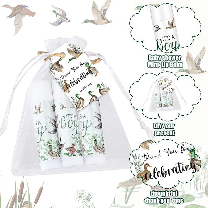 Demissle 50 Pcs Baby Shower Lip Balm Gift Set with 100 Pcs Organza Bags Baby Shower Party Favor for Guest Thank You Tag Rope Baby Shower Party Decoration Gender Reveal Souvenirs (Mallard)-Velvo Beauty