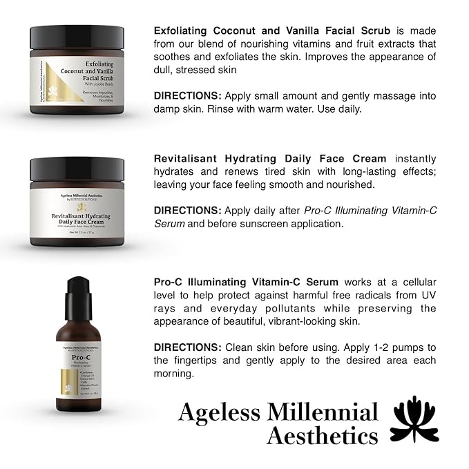 Ageless Millennial Aesthetics - Days Skin Care Gift Box - 1 Exfoliating Coconut Scrub - 2.0oz, 1 Pro-C Illuminating Antioxidant Serum - 1.0oz, and 1 Revitalisant Hydrating Cream - 2.0oz-Velvo Beauty