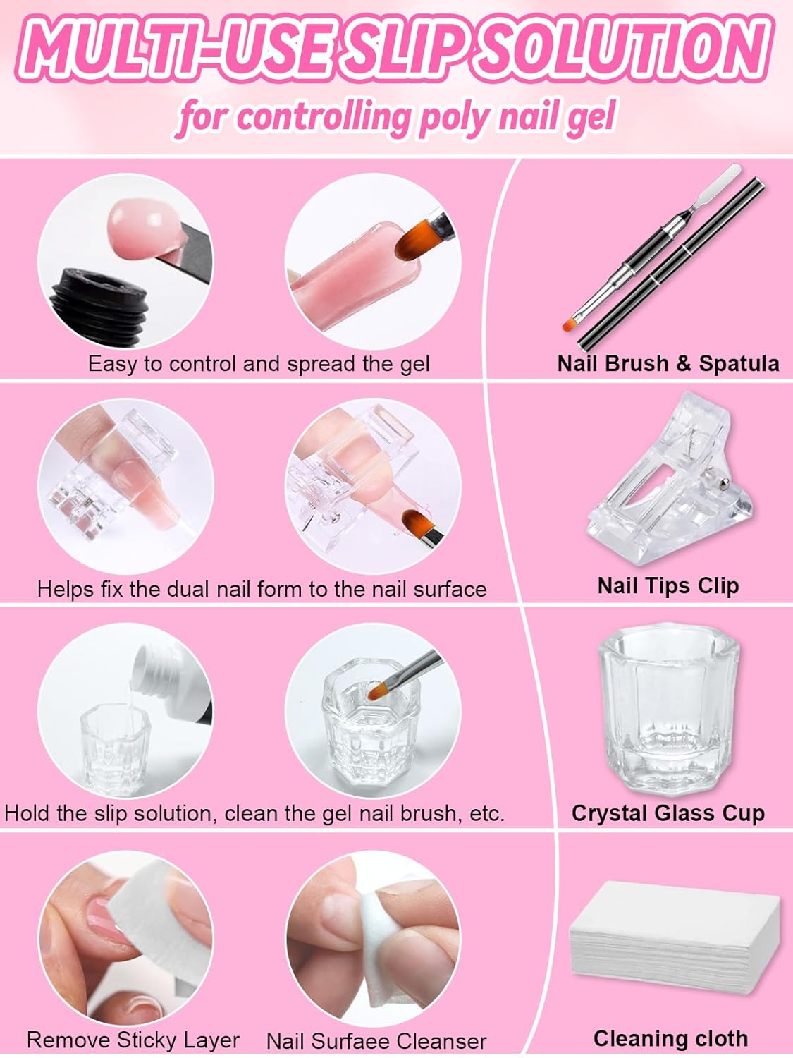 EBANKU Poly Gel Slip Solution for Nails - Anti-Stick Slip Solution for Builder Gel Nails, Brush Clean Liquid with Dual-Ended Nail Brush, 3PCS Nail Clips for Beginners & Home Salon, 2.5oz-Velvo Beauty