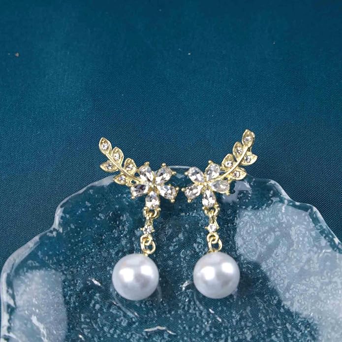 Vintage Crystal Flower Ear Climber Earrings Rhinestone Pearl Dangle Earrings Gold Cz Chain Tassel Earrings Sparkly Pearl Drop Earrings Jewelry for Women-Velvo Beauty