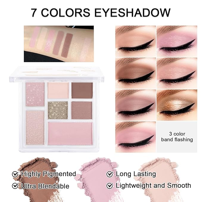 Makeup Kit for Teens Girls, Makeup Present Set for Women, Makeup Full Kit for Beginners, Mini Makeup Bundle Include 7 Pink colors Matte & Shimmer Pigmented Eyeshadow Palette, Eyebrow Powder-Velvo Beauty