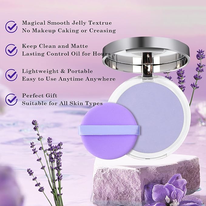 Chillab Lavender Matte Powder, Oil Control Face Pressed Chillab Lavender Matte Powder with Mini Powder Puff, Jelly Pressed Setting Powder Face Makeup, Cruelty Free-Velvo Beauty