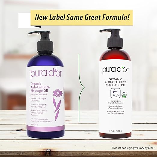 PURA D'OR 16 Oz Organic Anti-Cellulite Massage Oil - Lemon Peel, Moringa, Grape Seed, Grapefruit & Eucalyptus Oils - Skin Firming & Tightening for Active Individuals & Aging Adults-Velvo Beauty