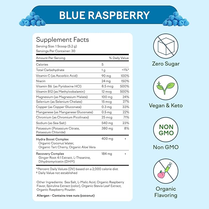 Feel Goods Hydration Hero, 1,000mg Electrolytes Powder, Sugar Free, Magnesium, Organic Aloe Vera, L Theanine, Vitamin C, B12, Keto, Vegan, Plant Based, Blue Raspberry, 30 Servings-Velvo Beauty