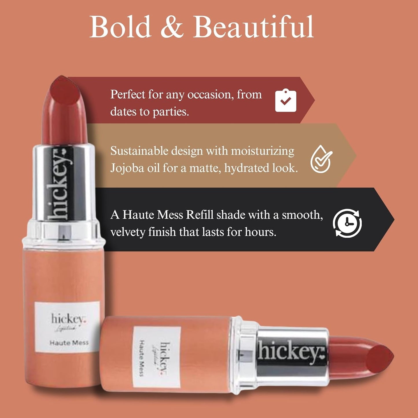 Hickey Lipstick Organic Haute Mess Terracotta Lipstick Shade Refill - Long Lasting Lipstick for Women, Hydrating & Moisturizing Shade, Lip Color for Women, Gluten-Free & Vegan with Highly Pigmented-Velvo Beauty