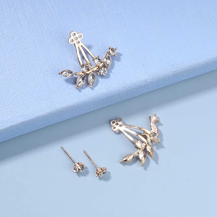 Boho Crystal Leaf Ear Jackets Earrings Gold Cz Crystal Earrings Rhinestone Front Back Studs Earrings Minimalist Earrings Jewelry for Women and Girls Gifts-Velvo Beauty
