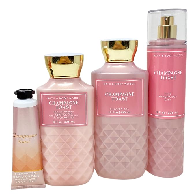 Bath and Body Works CHAMPAGNE TOAST Gift Bag Set - Body lotion - Shower Gel and Fine Fragrance Mist Plus a Shea Butter Hand Cream arranged inside a transparent gift bag-Velvo Beauty