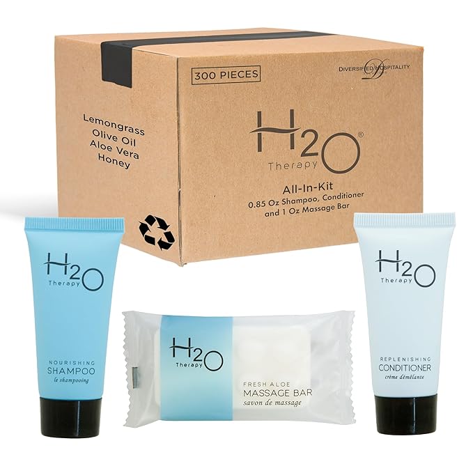 H2O Therapy Hotel Soaps and Toiletries Bulk Set | 1-Shoppe All-In-Kit Amenities for Hotels & Airbnb | 0.85 oz Hotel Shampoo & Conditioner, 1 oz Bar Soap Travel Size | 150 Pieces-Velvo Beauty