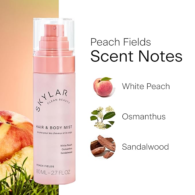 Skylar Peach Fields Hair & Body Mist | Hypoallergenic & Clean Fragrance | Vegan, Cruelty Free, and Safe For Sensitive Skin | 80 ML, 2.7 Fl Oz-Velvo Beauty