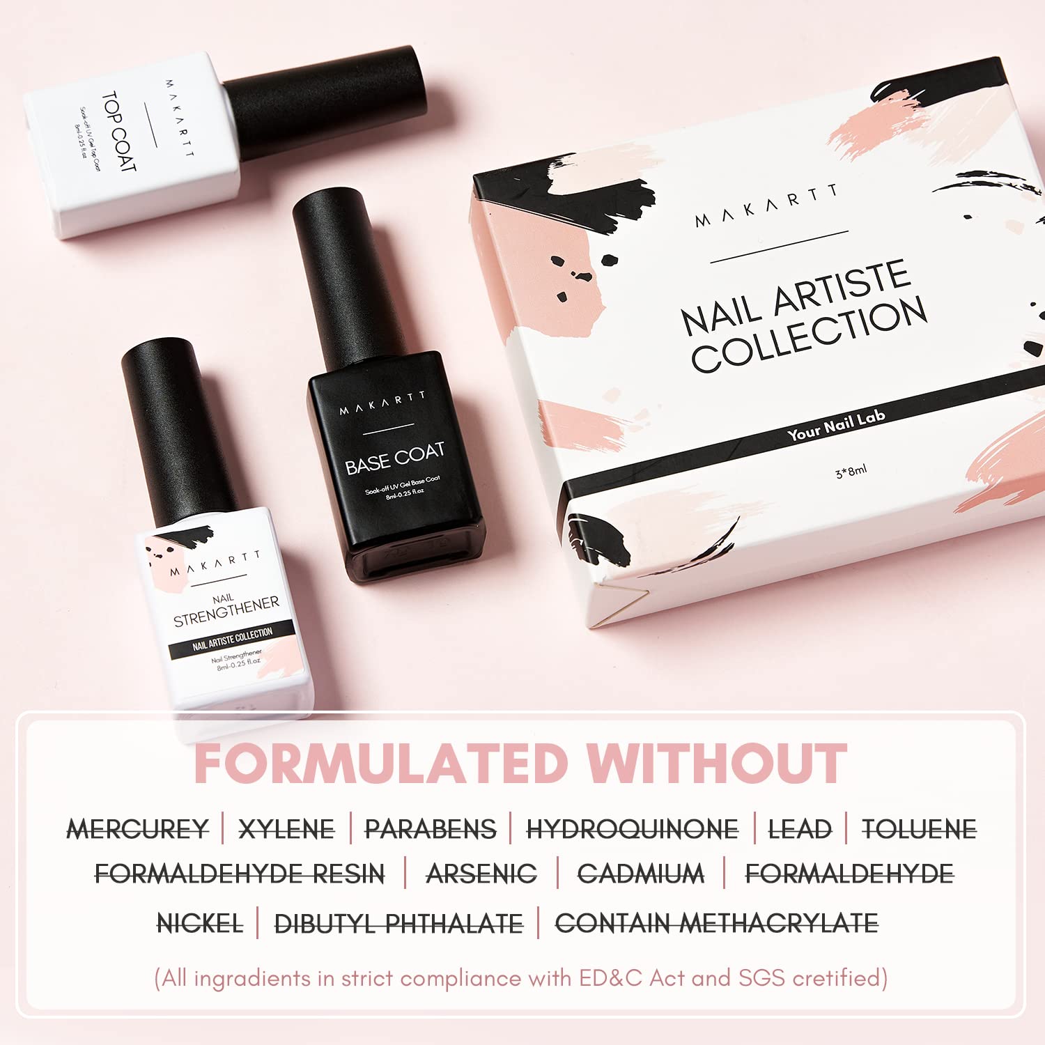 Makartt Nail Strengthener Gel Base & Top Coat Kit, 3Pcs 8ML, Long-Lasting Base & No Wipe Top Coat for Damaged Thin Nails, UV/LED Lamp Required, Promotes Nail Growth-Velvo Beauty