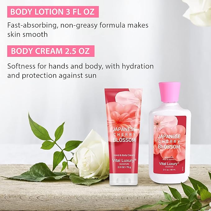 Bath & Body Kit, 3 Fl Oz Travel Size, Ideal Skincare Relaxing Home Spa Set, Includes Body Lotion, Shower Gel, Body Cream, and Fragrance Mist, Bath Gifts for Her and Him (Japanese Cherry-Velvo Beauty