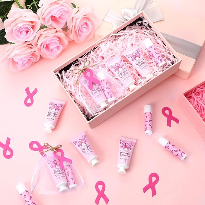 50 Set Breast Cancer Awareness Gifts Bulk Woman Pink Ribbon Lip Balm Hand Cream Include 50 Lip Balm 50 Hand Cream 50 Bag 50 Tag Breast Cancer Awareness Month Items Survivors Offices-Velvo Beauty