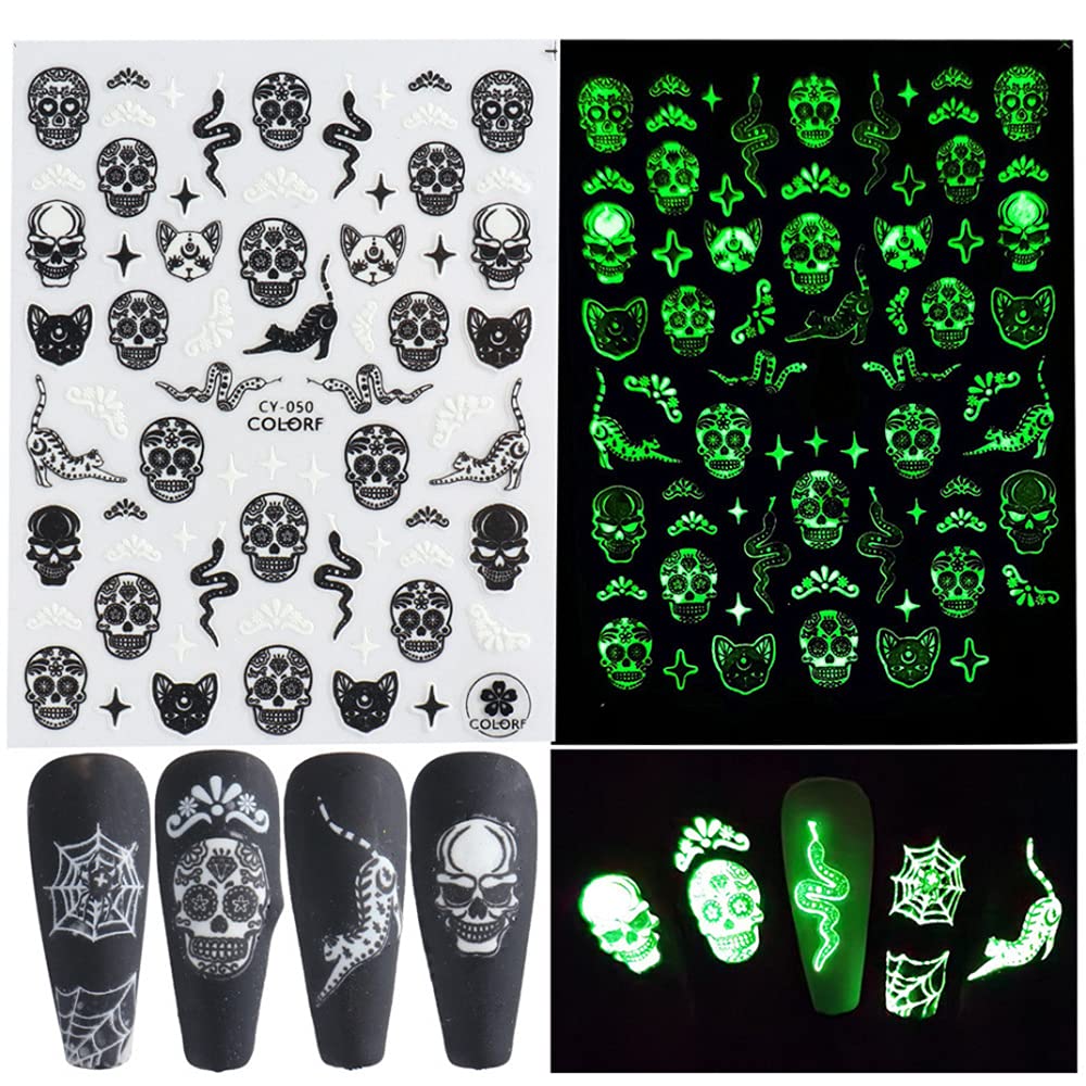 Luminous Nail Stickers - 3D Halloween Nail Art Designs - Skull, Ghost, Pumpkin, Spider, Bat Decals - Self-Adhesive, 6 Sheets-Velvo Beauty