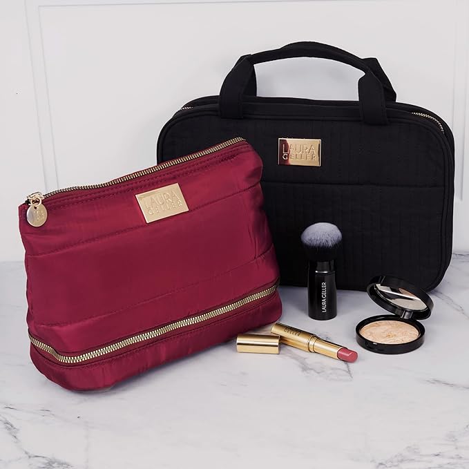 LAURA GELLER NEW YORK Quilted Makeup Bag with Brush Case, Burgundy - Toiletry Bag Organizer for Travel - Large Capacity Full Size Makeup Bag - Easy to Clean-Velvo Beauty