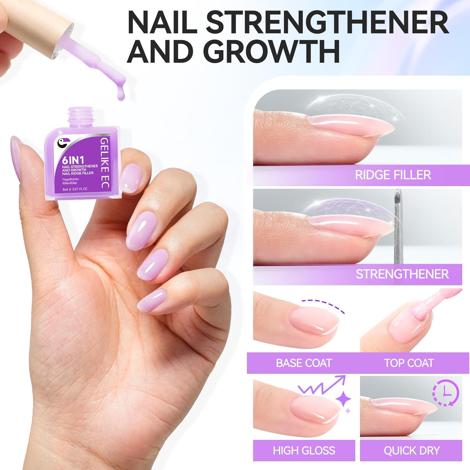 Nail Polish Strengthener and Growth: Lavender Haze Gelike EC 6 in 1 Natural Hardener - Long Lasting Nail Polish Hardener Extra Strong and Growth for Daily Work Home Salon-Velvo Beauty
