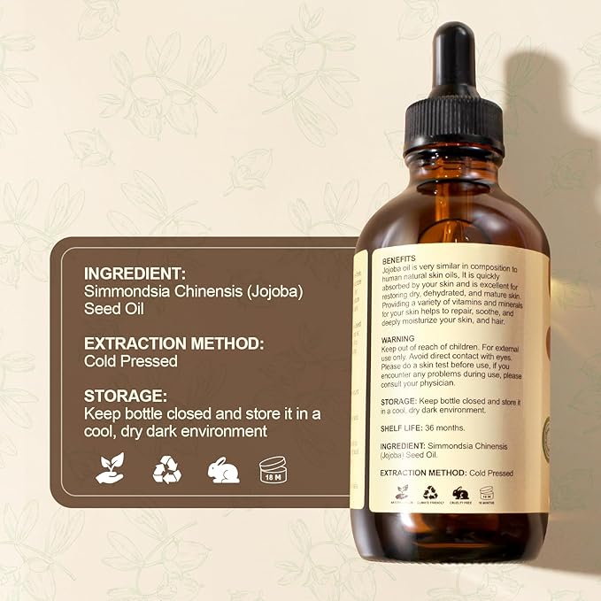 Yoken Jojoba Oil 4 fl oz EWG Verified 100% Pure Jojoba Oil Cold Pressed for Skin, Hair, Nails, Cuticles - Unrefined & Hexane Free, Natural Moisturizer Carrier oils Facial Serum for Gua Sha-Velvo Beauty