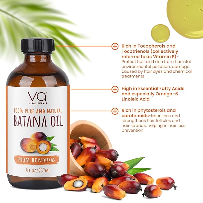 Batana Oil For Hair Growth-100% Raw Batana Oil From Honduras-Glass Bottle-Skin Hair Oil Rich In Essential Nutrients-Batana Hair Oil For Women & Men-For Strong & Shiny Hair-8 FlOz-Velvo Beauty