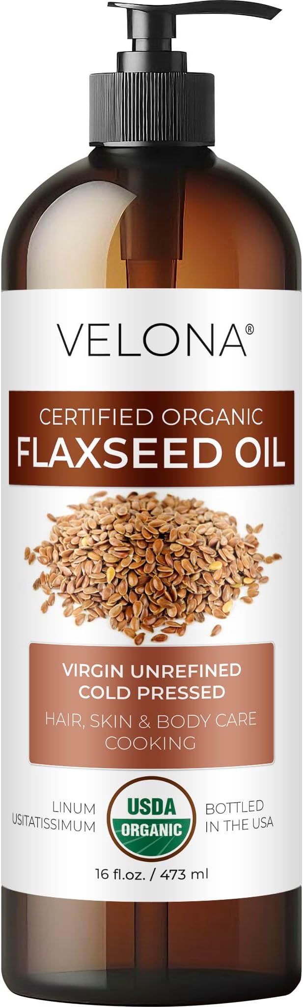 velona USDA Certified Organic Flaxseed Oil - 16 Fl Oz | 100% Pure and Natural Carrier Oil | Unrefined, Cold Pressed |Body, Face & Skin Care | Use Today - Enjoy Results…-Velvo Beauty