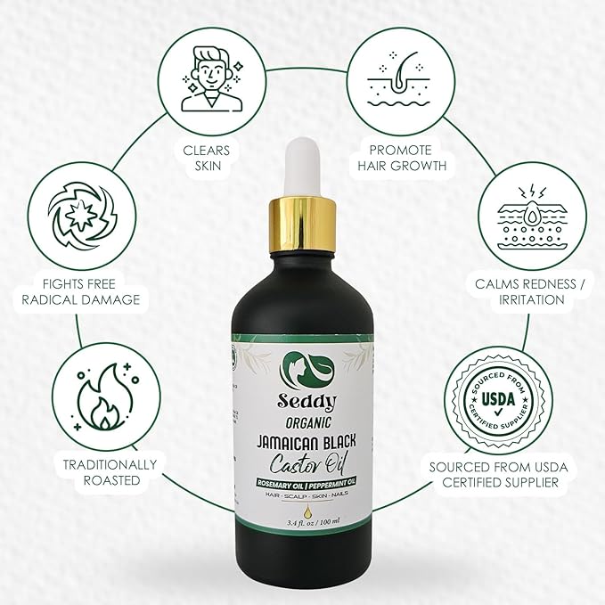Seddy Organic Jamaican Black Castor Oil - with Rosemary & Peppermint in Glass Bottle - Cold Pressed | Hexane-Free | Promotes Hair Growth | Strengthens Hair | Hair Treatment Oil - 3.4 Fl. Oz-Velvo Beauty