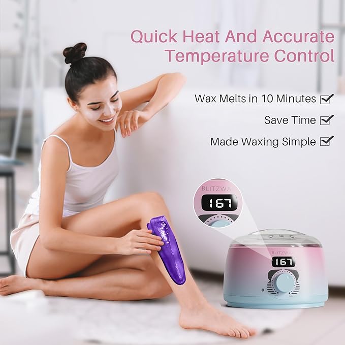 BLITZWAX Brazilian and Bikini Waxing Kit for Women, Hard Wax Warmer for Face, Legs and Body, At Home Hair Removal Kit, Beginner Friendly, Quick Heating, Pink and Blue Gradient Color-Velvo Beauty