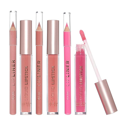 Nicole Miller Rosy Nudes Lip Collection | 6 Piece Set | 3 Luxurious Lip Liners & 3 Liquid Lip Sticks in Light Rose, Rosy Mauve, and Deep Peach-Velvo Beauty
