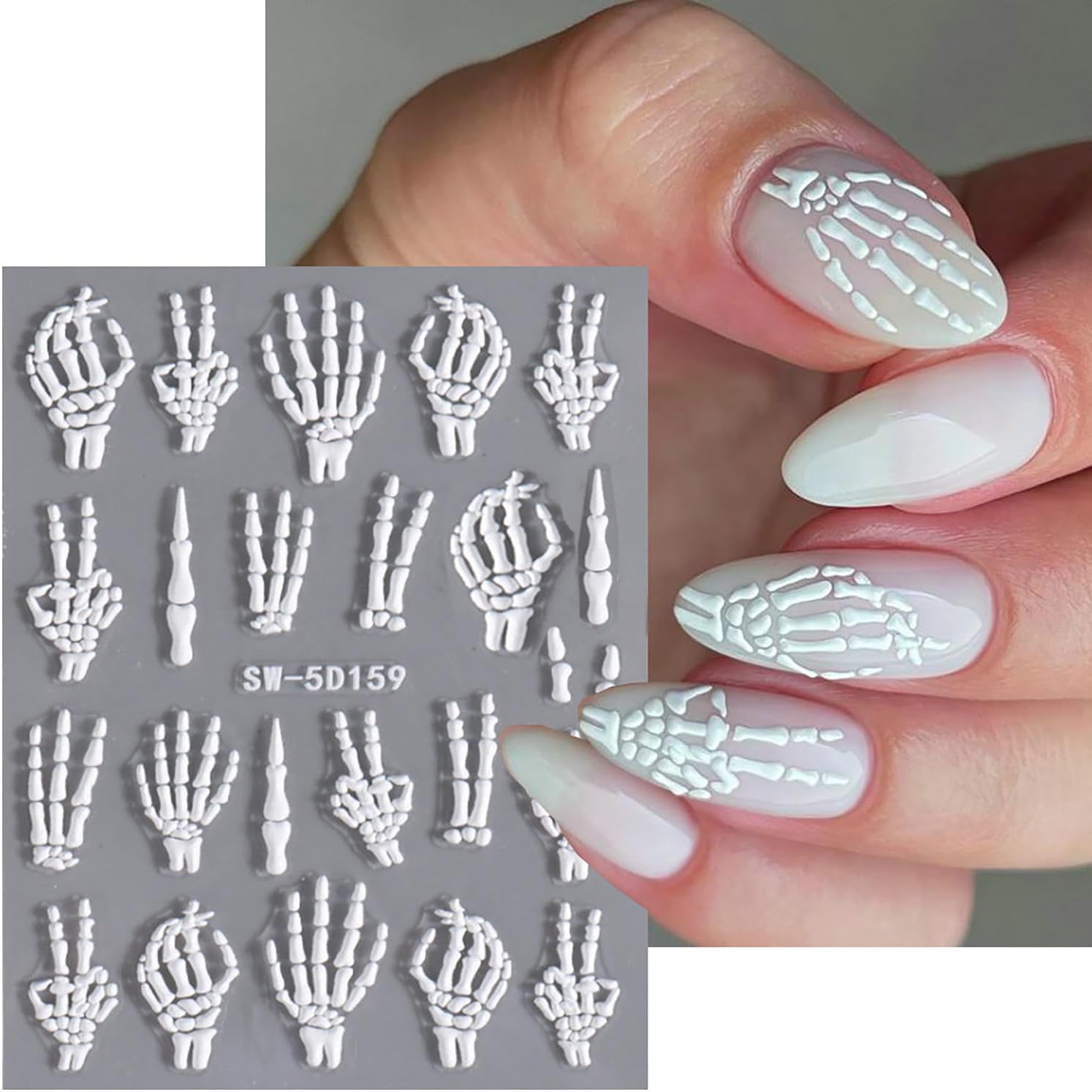 Halloween Nail Art Stickers 5D Relief Skeleton Hand Rose Flowers Nail Decals Self -Adhesive Gold Rose Gold White Nail Decals Holographic Halloween Nail Decoration for Women Manicure Supplies-Velvo Beauty