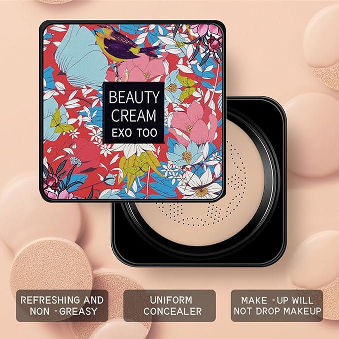 2 Pack Beauty Cream EXO TOO Foundation, Beauty Cream Makeup Base, Moisturizing, Long Lasting Matte Air Cushion CC Cream Concealer with Two Mushroom Head Sponges-Velvo Beauty