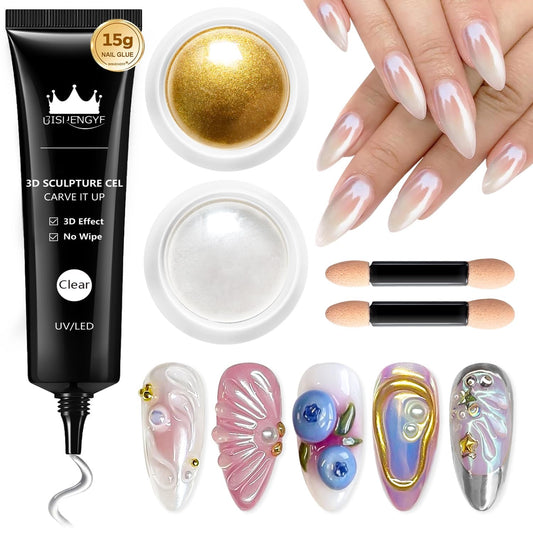 3D Nail Gel Art BISHENGYF - 15g Sculpting Gel Nail Glue with Gold White Chrome Nail Powder for Nail Art Non-Sticky Hand Hard Gel Carving Gel for Chrome Powder for Art Home DIY-Velvo Beauty
