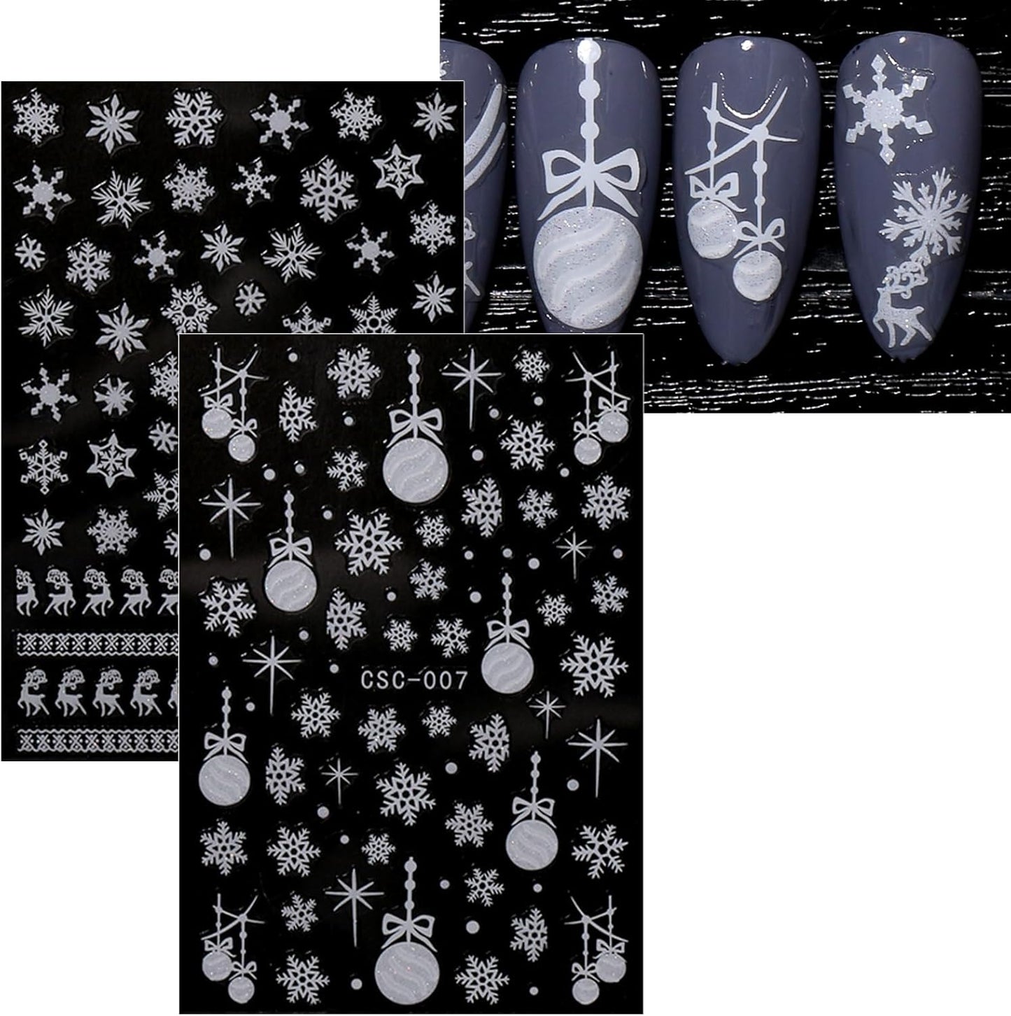 JMEOWIO 8 Sheets Christmas Glitter Nail Art Stickers Decals Self-Adhesive Cute Snowflake Winter Holiday White Nail Supplies Nail Art Design Decoration Accessories-Velvo Beauty