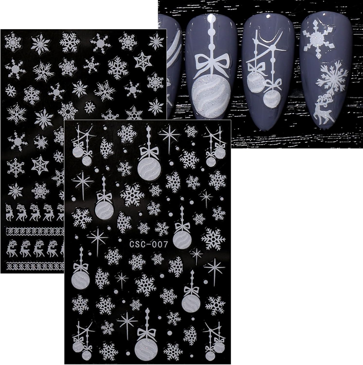 JMEOWIO 8 Sheets Christmas Glitter Nail Art Stickers Decals Self-Adhesive Cute Snowflake Winter Holiday White Nail Supplies Nail Art Design Decoration Accessories-Velvo Beauty
