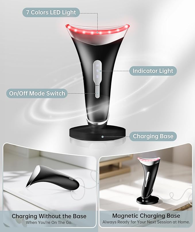 7 Color Light Therapy Facial Massager with Adjustable Vibration and Thermals for Wrinkles, Double Chin, Red Light Skin Care Tool with Base, Black-Velvo Beauty