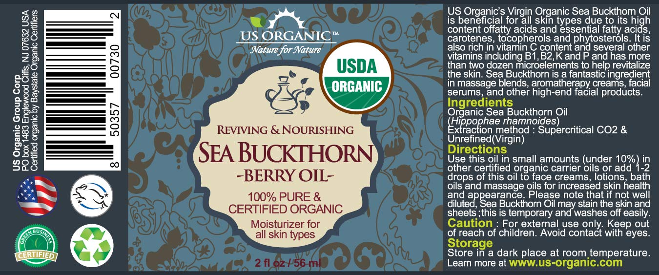 US Organic Sea Buckthorn Berry (Fruit) Oil, Supercritical CO2 extracted, USDA Certified Organic,100% Pure Virgin, Unrefined in Amber Glass Bottle, Face, Hair, spot Treatment, Anti Aging, 2 oz (56 ml)-Velvo Beauty