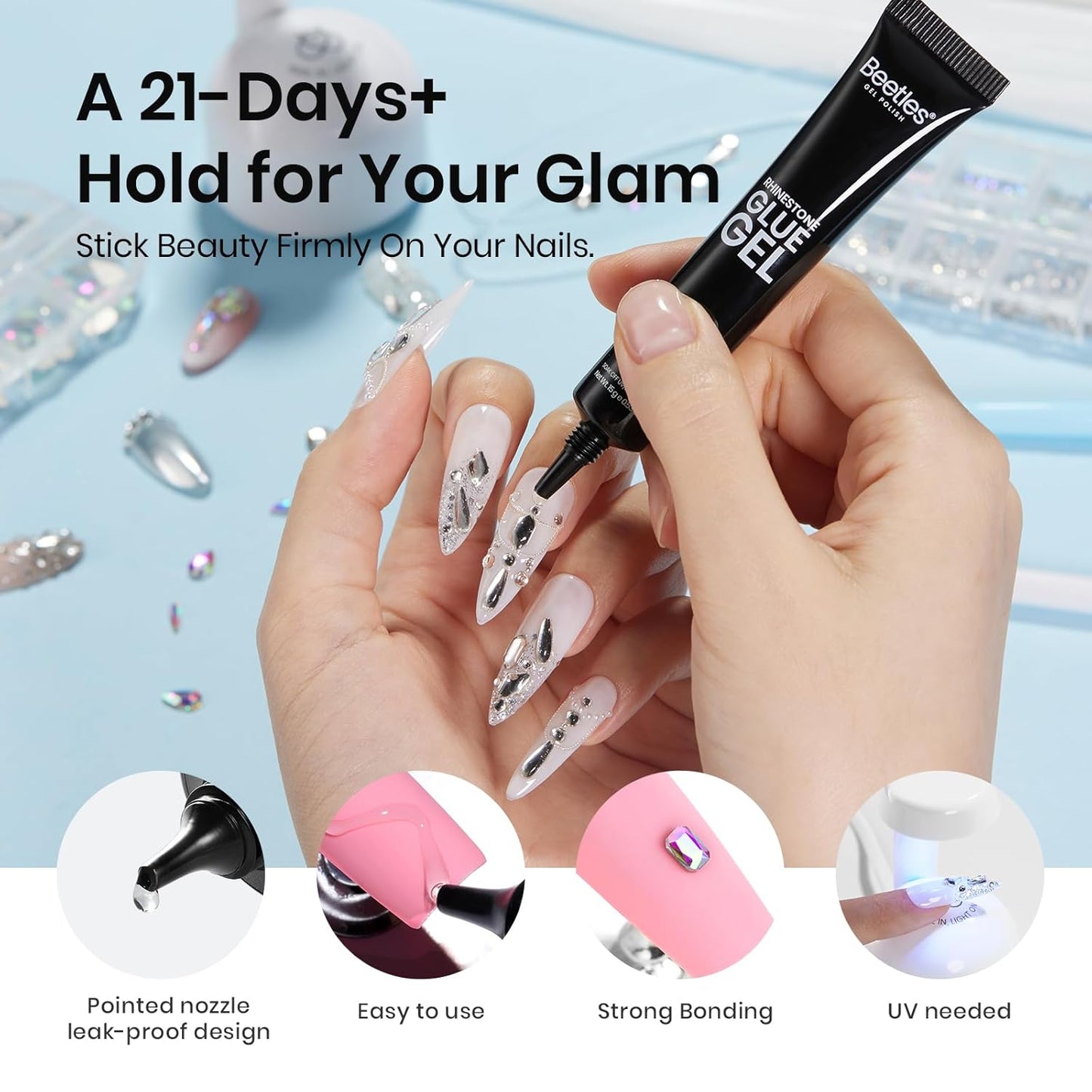 Beetles Gel Polish Nail Glue with Nail Gems Set, 15ml Nail Rhinestone Glue &120+2000Pcs Crystal Glass AB Rhinestones for Nails Art, Nail Gems with Double-Ended Clean Up Nail Brush Gifts for Girls-Velvo Beauty
