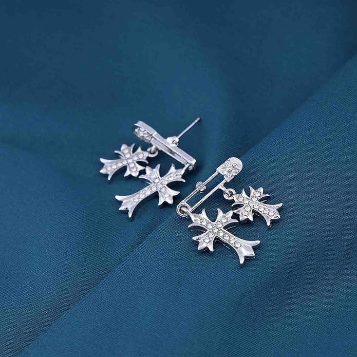 Vintage Crystal Cross Drop Earrings Rhinestone Cross Stud Earrings Silver Paperclip Earrings Sparkly Cz Crucifix Earrings Jewelry for Women-Velvo Beauty