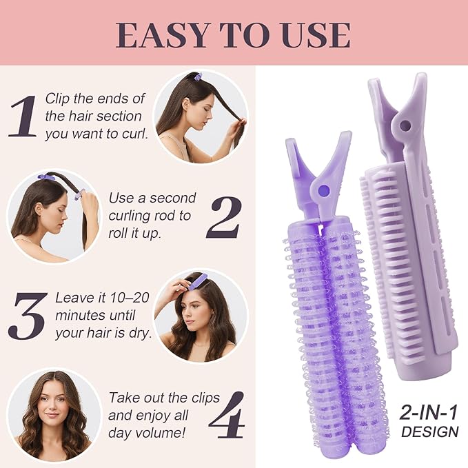 4PCS Volumizing Hair Clips for Root Lift & Volume - Instant Bangs Roller Clips for Effortless Curls & Lift - Velcro Rollers For Hair - Hair Rollers For Women - Purple-Velvo Beauty