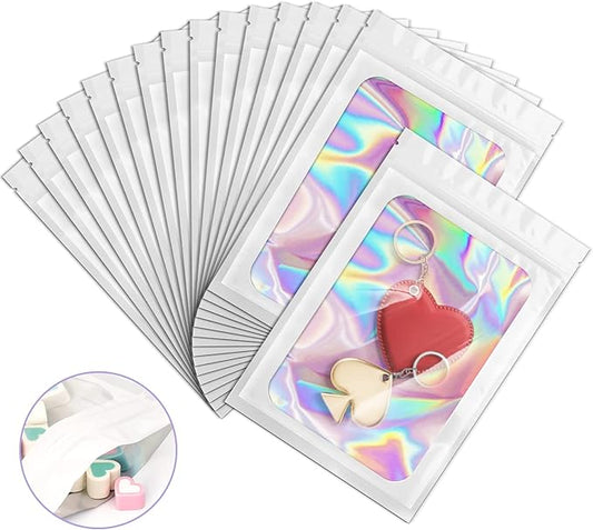 100 Pieces Smell Proof Mylar Bags, Holographic Packaging Bags, Resealable Odor Foil Pouch Zipper Bag with Clear Window for Food Storage and Lipgloss, Jewelry Lash(White, 4 x 6 Inch)-Velvo Beauty