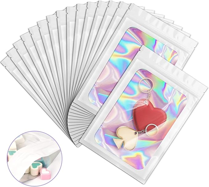 100 Pack Holographic Bags, Smell Proof Packaging Bags, Clear Window Resealable Odor Foil Pouch Mylar Bag for Food Storage and Lipgloss, Jewelry Lash (White, 3 x 4.7 Inch)-Velvo Beauty