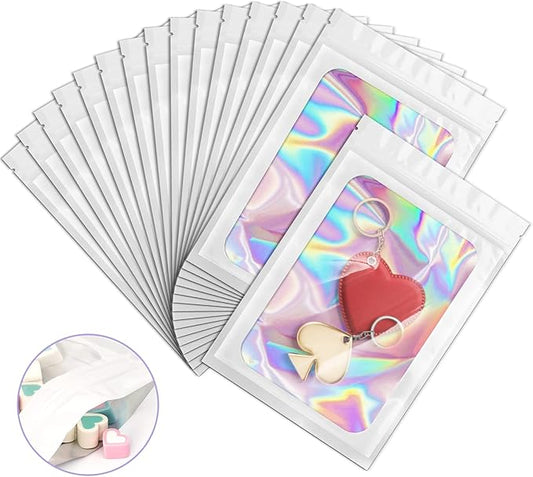 100 Pack Holographic Bags, Smell Proof Packaging Bags, Clear Window Resealable Odor Foil Pouch Mylar Bag for Food Storage and Lipgloss, Jewelry Lash (White, 3 x 4.7 Inch)-Velvo Beauty