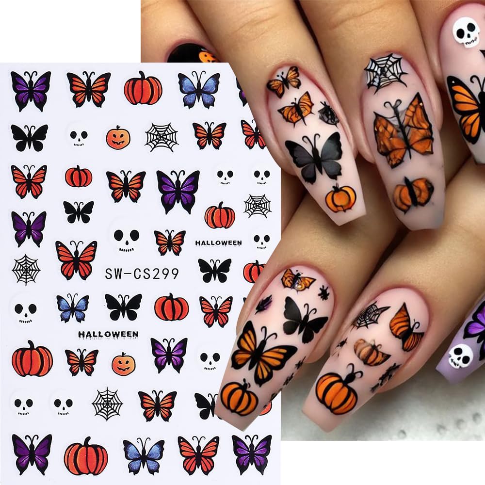 Halloween Nail Art Stickers Ghost Nail Decals 3D Horror Ghost Skull Spider Web Bat Pumpkin Butterfly Self-Adhesive Decals Designs Halloween Nail Supplies for Women Manicure Decorations 3 Sheets-Velvo Beauty