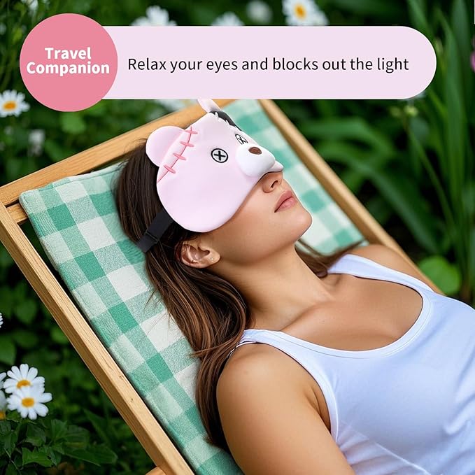PERFECTSIGHT Sleep Eye Masks, Cute Plush Sleep Eye Cover Lightweight Adjustable Eyeshade Faux Fur Mask Cover for Women Men Kids Sleep Travel Nap, Pink Pudding Bear-Velvo Beauty