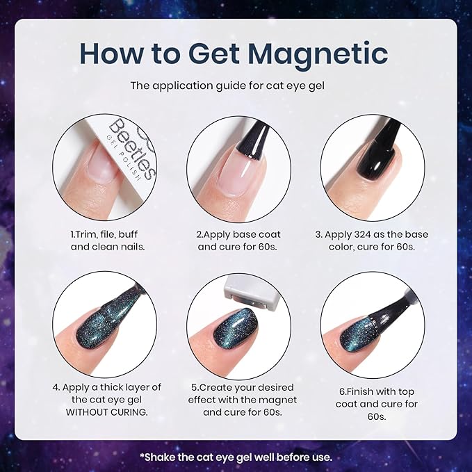 Beetles Cat Eye Gel Polish - Milky Way 6 Colors Gel Polish Set, Black Purple Blue Temperature Changing Glitter Nails, Halloween Galaxy Nails Kit with Magnet Stick Soak Off Uv Lamp Gel-Velvo Beauty