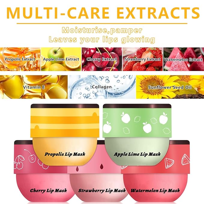 5 PCS Bee Balm Lip Balm Lip Mask Honey Pot, Lip Mask Propolis Moisturizing Lip Balm, Hydrating Prevention Dry and Cracked Lip Scrubs Exfoliator Lip Care (Strawberry&Watermelon&Honey&Apple Lime&Cherry)-Velvo Beauty