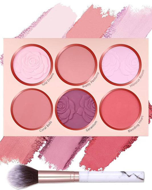 Matte Rose Face Blush Palette Kit with Brush-6 Colors Pink Purple Silky Mineral Blendable Blusher Contour Powder for Cheeks,Longlasting Facial Eyeshadow Beauty Cosmetic Makeup Gift for Women-Set 01-Velvo Beauty