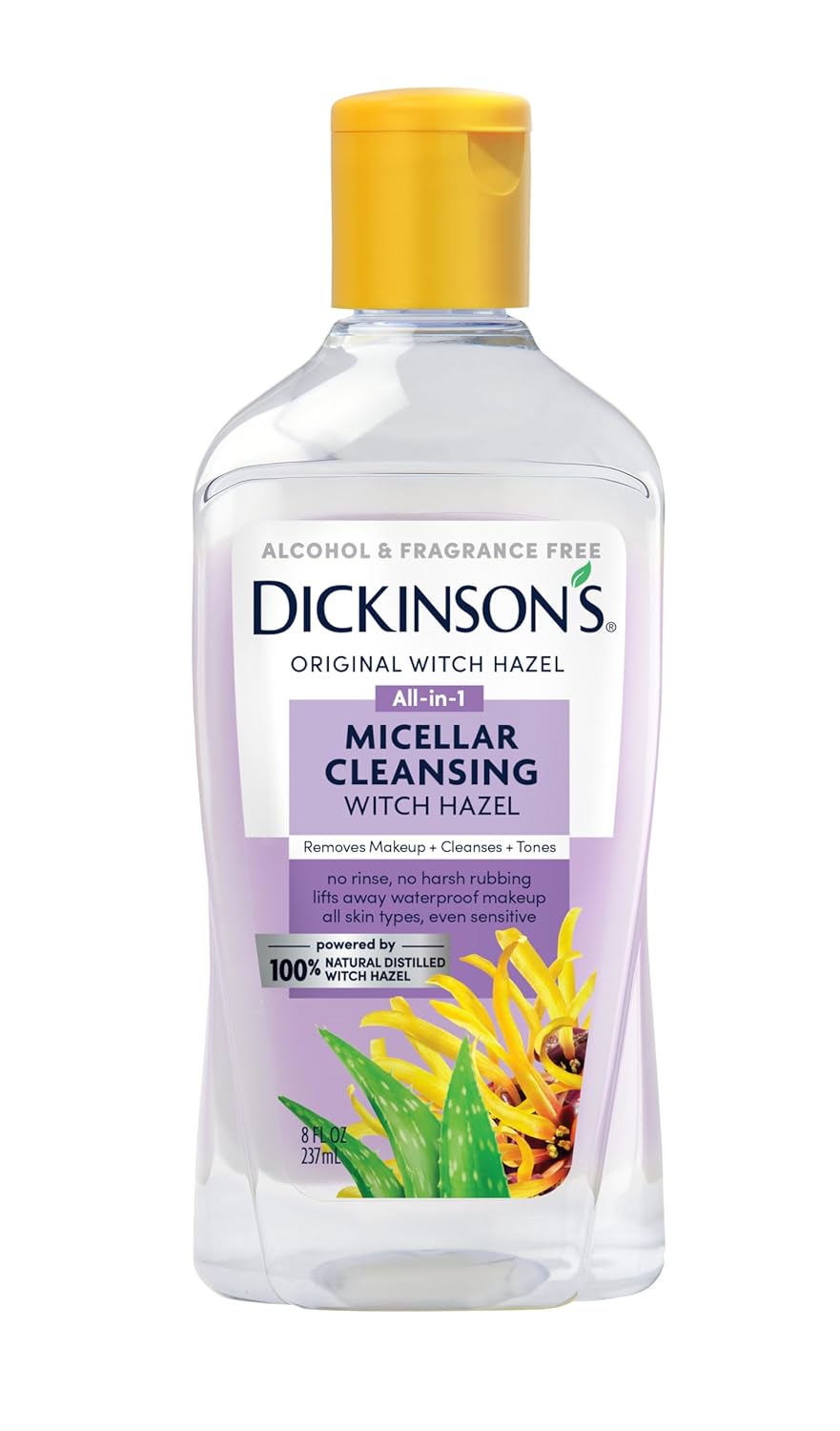 Dickinson's Micellar Cleansing Witch Hazel | 100% Natural Distilled Witch Hazel | Alcohol & Fragrance Free | Makeup Remover, Skin Cleanser, Facial Toner | Removes Dirt, Oil, Makeup | 8 Fl Oz-Velvo Beauty