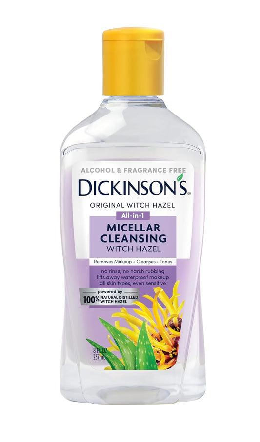 Dickinson's Micellar Cleansing Witch Hazel | 100% Natural Distilled Witch Hazel | Alcohol & Fragrance Free | Makeup Remover, Skin Cleanser, Facial Toner | Removes Dirt, Oil, Makeup | 8 Fl Oz-Velvo Beauty