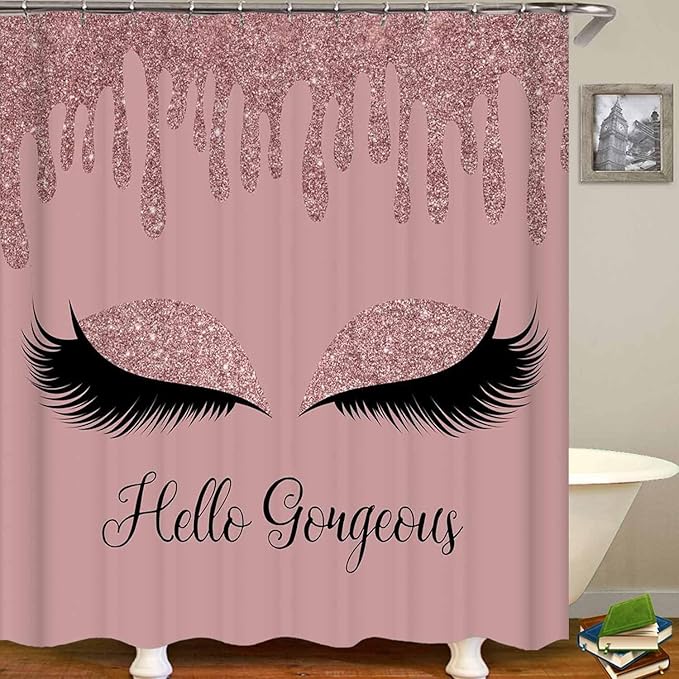 4PCS Rose Gold Glitter Hello Gorgeous Shower Curtain Set, Bling Unicorn Eyelash Makeup Glam Fashion Girly Teenage Girls Women Pink Bathroom Decor, Fabric Shower Curtain, Bath Mat Toilet Rug-Velvo Beauty