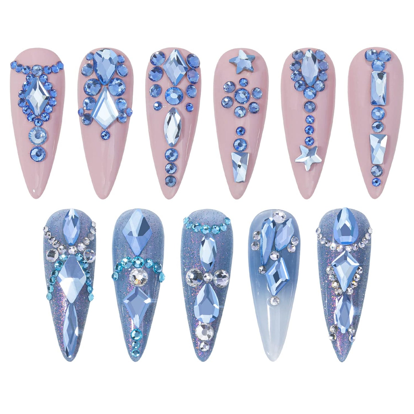 HNUIX Nail Rhinestones - 3D Multi Shape Size Crystal, Light Blue Nail Gems, Flat Back, with Kit, for Nail Art, DIY Decorations-Velvo Beauty