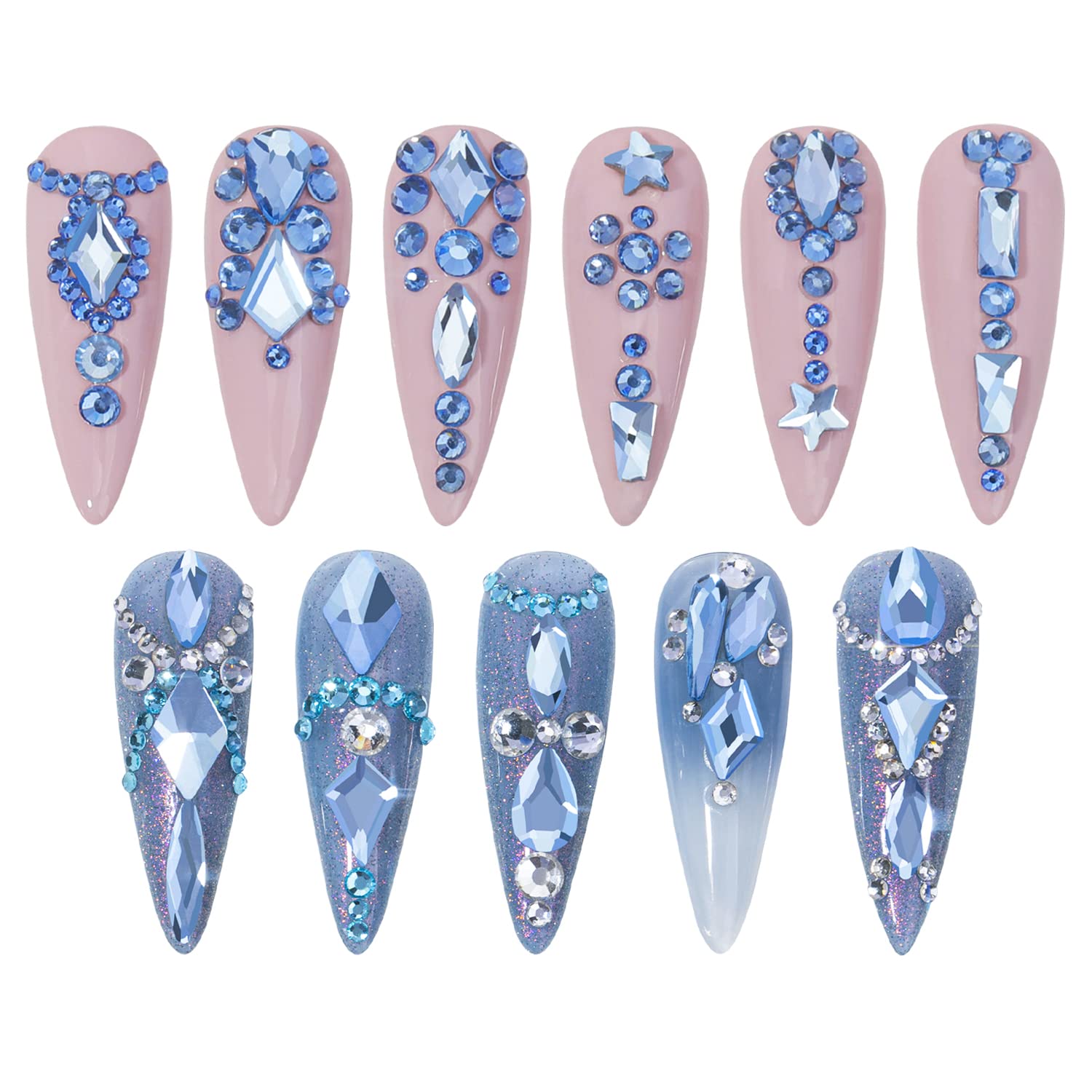 HNUIX Nail Rhinestones - 3D Multi Shape Size Crystal, Light Blue Nail Gems, Flat Back, with Kit, for Nail Art, DIY Decorations-Velvo Beauty