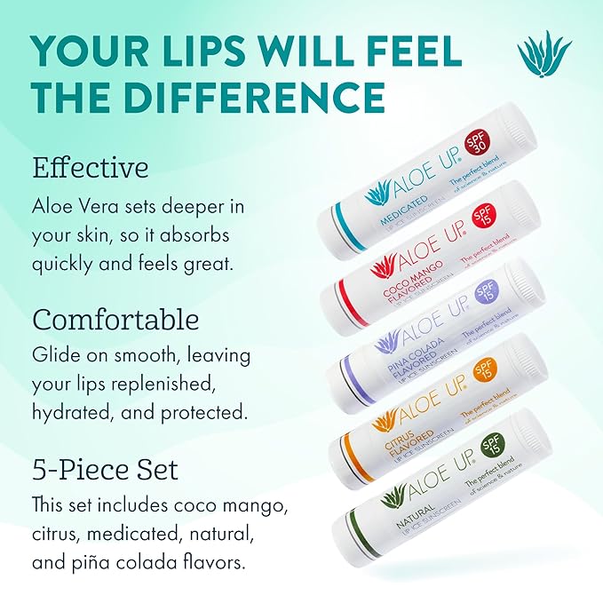 Aloe Up Lip Ice - Lip Balm 5-Pack - Includes SPF 15 Lip Balms and an SPF 30 Medicated Lip Balm - With Natural Moisturizing Oils and Hydrating Aloe Vera Gel - Alcohol-Free - Assorted Lip Care Pack-Velvo Beauty